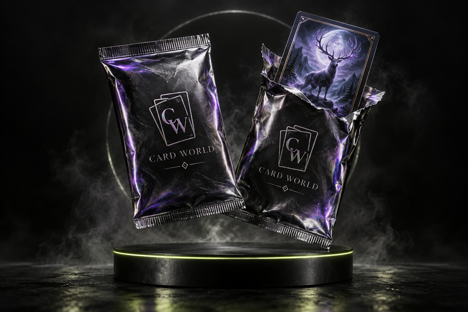 Fiktive CARD WORLD Konzeptverpackungen über einem leuchtenden Podest